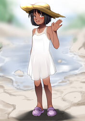  black_hair blush dark_skin dress female full_body had j7w lolicon looking_at_viewer open_mouth original shadow short_hair solo standing sun_hat tanline white_dress 