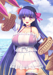  :d arm_up bare_shoulders bikini blue_sky blush bow breasts choker claws cleavage cloud cloudy_sky collarbone commentary_request day detached_sleeves dress fate/extra fate/extra_ccc fate_(series) female flower hair_flower hair_ornament hairbow horizon huge_breasts long_hair navel o-ring o-ring_bikini o-ring_top ocean open_mouth outdoors passionlip_(fate) photoshop_(medium) pink_bow purple_choker purple_eyes purple_hair red_bikini red_flower see-through side-tie_bikini_bottom sky smile solo srwsrx_(gp03dsrx) strapless strapless_dress swimsuit very_long_hair water 