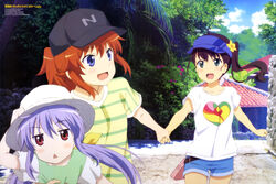  3girls :d absurdres artist_name black_hat blue_eyes blue_hat blue_shorts brown_hair collarbone day floating_hair flower green_eyes hair_between_eyes hair_flower hair_ornament hair_ribbon hand_on_headwear hat heart heart_print highres holding_hands koshigaya_natsumi long_hair miyauchi_renge mizusaki_kenta multiple_girls niizato_aoi non_non_biyori open_mouth outdoors ponytail print_headwear print_shirt purple_hair red_eyes ribbon shirt short_shorts short_sleeves shorts side_ponytail smile striped_clothes striped_shirt triangle_mouth white_hat white_shirt yellow_flower yellow_ribbon yellow_shirt 