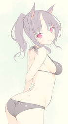  animal_ears arms_behind_back ass back bad_id bad_pixiv_id bikini black_bikini black_hair blush breasts character_request female from_behind highres horns long_hair looking_at_viewer looking_back original ponytail red_eyes shokuyou_mogura sideboob simple_background single_horn skin-covered_horns small_breasts smile solo swimsuit 