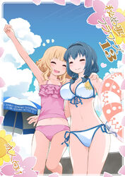  2girls :d ^_^ announcement_celebration arm_up beach beach_umbrella bikini bikini_bottom_only blonde_hair blue_hair blue_sky breasts cleavage clenched_hand closed_eyes collarbone commentary_request cover cover_page day front-tie_top furutani_himawari goyacchi hand_on_another&#039;s_shoulder innertube long_hair midriff multiple_girls navel oomuro_sakurako open_mouth outdoors pink_bikini romaji_text side-tie_bikini_bottom sky smile swim_ring swimsuit translated umbrella white_bikini yuri yuru_yuri 