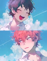  1boy black_hair closed_eyes cloud commentary_request day female highres konno_makoto mamiya_chiaki red_hair school_uniform short_hair sky smile toki_wo_kakeru_shoujo vivinos 