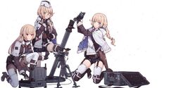  2b14_(girls&#039;_frontline) 2b14_podnos 3girls ammunition binoculars blonde_hair blue_eyes boots braid full_body girls&#039;_frontline glasses green_eyes gun hair_over_shoulder handgun highres holding holding_binoculars holster jpeg_artifacts knee_boots long_hair low_twintails mortar_(weapon) mortar_shell multiple_girls official_art red_eyes reloading simple_background single_braid suitcase terras thigh_boots thighhighs thighhighs_under_boots twintails weapon white_background winter_clothes 