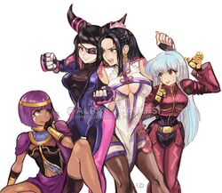  4girls alpaca_carlesi bandaid bandaid_on_face biker_clothes bikesuit black_hair blue_hair bodysuit breasts capcom_vs_snk china_dress chinese_clothes cleavage_cutout clothing_cutout commentary commission crossover derivative_work dress drill_hair earrings english_commentary eyepatch fingerless_gloves gloves hand_on_own_cheek hand_on_own_face jewelry juri_han kula_diamond long_hair luong menat mole mole_under_eye multiple_girls navel_cutout nishimura_kinu_(style) pantyhose parody purple_hair shawl short_hair simple_background street_fighter street_fighter_v style_parody tearing_up the_king_of_fighters the_king_of_fighters_xiv tongue tongue_out twin_drills underboob watermark zipper 