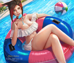  afloat animal_ears asymmetrical_hair ball bare_legs bare_shoulders beachball bikini bikini_skirt black_hair braid breasts cat_ears character_name choker cleavage commentary commission copyright_name crossed_legs day dutch_angle english_commentary facial_mark feet_out_of_frame female final_fantasy final_fantasy_xiv food food_on_body french_braid green_eyes heart heart_choker innertube large_breasts lipgloss lips looking_at_viewer low_neckline makeup marie_makise mascara midriff miqo&#039;te multicolored_hair nose off-shoulder_bikini off_shoulder open_mouth outdoors parted_lips pink_lips pool popsicle red_hair short_hair signature sitting slit_pupils solo sparkle spill summer swim_ring swimsuit tongue two-tone_hair warrior_of_light_(ff14) water wet whisker_markings white_bikini x-kulon 