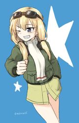  ;d blonde_hair blue_background blue_eyes bomber_jacket carla_j._luksic clenched_hand commentary_request dutch_angle eyebrows female goggles goggles_on_head hair_between_eyes hand_in_pocket highres jacket long_hair long_sleeves low_twintails makaze_(t-junction) military military_uniform noble_witches one_eye_closed open_mouth panties scarf signature simple_background smile solo star_(symbol) twintails underwear uniform white_panties world_witches_series 