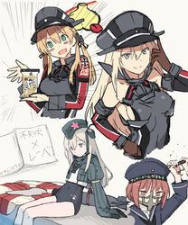  4girls :d adapted_costume anchor_hair_ornament aqua_eyes bare_shoulders bismarck_(kancolle) blonde_hair blue_eyes blush_stickers brown_eyes closed_mouth clothes_writing commentary_request cosplay cross emphasis_lines ezusuke garrison_cap gloves hair_ornament hair_ribbon hat iron_cross kantai_collection long_hair long_sleeves mad_max mad_max:_fury_road mask military military_uniform mouth_mask multiple_girls one_eye_closed open_mouth peaked_cap photoshop_(medium) prinz_eugen_(kancolle) pun red_hair ribbon ro-500_(kancolle) ro-500_(kancolle)_(cosplay) sailor_hat school_uniform self_cosplay short_hair smile translated u-511_(kancolle) uniform v-shaped_eyebrows white_gloves z3_max_schultz_(kancolle) 