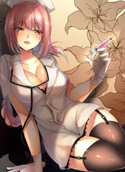  alternate_costume braid breasts cleavage commentary_request cosplay fate/grand_order fate_(series) female florence_nightingale_(fate) garter_straps gloves hat hatori_mia highres large_breasts long_hair looking_at_viewer nurse nurse_cap pink_hair solo stethoscope syringe thighhighs very_long_hair white_gloves 