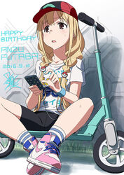  bike_shorts blonde_hair brown_eyes cellphone commentary_request dated female futaba_anzu happy_birthday hat idolmaster idolmaster_cinderella_girls kick_scooter long_hair low_twintails phone photoshop_(medium) pokemon pokemon_go shoes signature sitting smartphone sneakers socks solo striped_clothes striped_socks sweat taku1122 twintails 