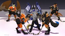  2016 accipitrid accipitriform anaheim_ducks anthro avian bald_eagle bird black_body black_fur brown_body brown_fur canid canine canis clothed clothing digital_media_(artwork) dipstick_tail dragon eagle feathered_wings feathers footwear fur group hair hockey hockey_stick ice ice_skates ice_skating jersey legwear mammal markings membrane_(anatomy) membranous_wings mythological_creature mythological_scalie mythology nhl philadelphia_flyers scalie sea_eagle socks sport tail tail_markings wings wolf wooperworks 