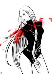  amputee armless_amputee blood claymore_(series) commentary_request cowboy_shot double_amputee female irene_(claymore) legs long_hair monochrome pointy_ears solo spot_color tazan thighs white_background 