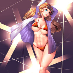  abs amanogawa_stella arms_up bikini blue_eyes breasts brown_hair commentary_request female go!_princess_precure harihisa long_hair medium_breasts navel o-ring o-ring_top photoshop_(medium) precure red_bikini solo sunglasses swimsuit thighs 