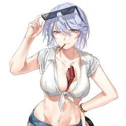  adjusting_eyewear bad_id bad_twitter_id between_breasts blue_hair box breasts cleavage clenched_teeth collarbone commentary crop_top deal_with_it_(meme) denim denim_shorts english_commentary eyewear_on_head female food food_in_mouth front-tie_top girls&#039;_frontline groin hair_between_eyes hand_on_own_hip hand_up highres large_breasts looking_at_viewer meme midriff mouth_hold navel pocky red_eyes shan shirt short_hair short_shorts short_sleeves shorts simple_background solo stomach sunglasses teeth thompson_(girls&#039;_frontline) tied_shirt uneven_eyes upper_body v-shaped_eyebrows white_background white_shirt wing_collar wristband 