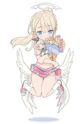  :3 alice_(grimms_notes) angel angel_wings birthday blade_(galaxist) blonde_hair blue_eyes blush braid character_doll cheerleader commentary_request female floating french_braid full_body halo liliana_hart long_hair open_mouth photoshop_(medium) pleated_skirt pointy_ears ponytail pop-up_story skirt smile solo white_background wings 