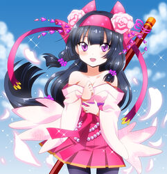  :d bare_shoulders beads black_hair black_pantyhose bow cloud commentary_request day female flower flower_knight_girl hair_flower hair_ornament hairband hairbow highres japanese_clothes kimono long_hair looking_at_viewer low-tied_long_hair masako_(sabotage-mode) open_mouth pantyhose photoshop_(medium) pink_bow pink_skirt pleated_skirt polearm_behind_back purple_eyes shakuyaku_(flower_knight_girl) skirt sky smile solo staff 