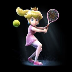  ball black_background blonde_hair blue_eyes dress female highres mario_(series) mario_sports_superstars official_art pink_dress princess_peach racket solo tennis_ball tennis_peach tennis_racket 