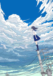  black_footwear black_hair blue_sailor_collar blue_skirt blue_sky blue_socks cloud cloudy_sky commentary_request day facing_away female from_below highres kneehighs ligne_claire loafers on_top_of_pole original outdoors outstretched_arm photoshop_(medium) pleated_skirt pointing pointing_up sailor_collar scenery school_uniform serafuku seraphitalg shirt shoes skirt sky socks solo standing utility_pole white_shirt wide_shot wind 