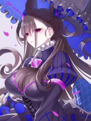  bad_id bad_pixiv_id black_hair black_umbrella breasts closed_mouth coin_purse commentary_request cone_hair_bun double_bun dress fate/grand_order fate_(series) female frills hair_between_eyes hair_bun hair_ornament holding holding_umbrella juliet_sleeves kamui_natsuki large_breasts long_hair long_sleeves murasaki_shikibu_(fate) over_shoulder parasol petals pink_eyes puffy_sleeves purple_dress solo turtleneck twitter_username umbrella 