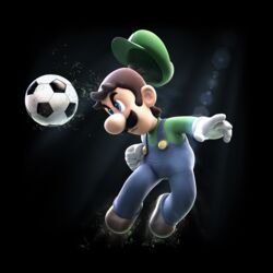  1boy ball black_background blue_overalls grass green_hat green_shirt hat highres luigi male_focus mario_(series) mario_sports_superstars official_art overalls shirt soccer_ball solo 