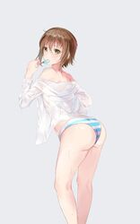  ass bad_id bad_pixiv_id bare_shoulders breasts brown_eyes brown_hair collared_shirt cowboy_shot female food grand_blue grey_background kasugano_(11955672) kotegawa_chisa long_sleeves looking_at_viewer off_shoulder panties popsicle see-through shirt short_hair simple_background small_breasts solo standing striped_clothes striped_panties sweat underwear wet wet_clothes white_shirt 