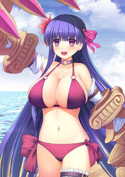  :d arm_up bare_shoulders bikini blue_sky blush bow breasts choker claws cleavage cloud cloudy_sky collarbone commentary_request day detached_sleeves fate/extra fate/extra_ccc fate_(series) female flower hair_flower hair_ornament hairbow horizon huge_breasts long_hair navel o-ring o-ring_bikini o-ring_top ocean open_mouth outdoors passionlip_(fate) photoshop_(medium) pink_bow purple_choker purple_eyes purple_hair red_bikini red_flower side-tie_bikini_bottom sky smile solo srwsrx_(gp03dsrx) swimsuit very_long_hair water 