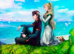  1boy arslan_senki blonde_hair blue_sky brown_hair bug butterfly circlet closed_eyes cloud commentary_request day dress earrings eyepatch female flower from_side ginkamen_kyou grass high_ponytail holding holding_flower irina_(arslan_senki) jewelry kay-i kneeling light_particles ocean outdoors sitting sky 