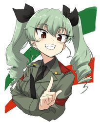  :d anchovy_(girls_und_panzer) anzio_military_uniform black_ribbon black_shirt blush commentary_request crossed_arms dress_shirt drill_hair eyebrows female girls_und_panzer green_hair grey_jacket hair_between_eyes hair_ornament hair_ribbon head_tilt highres jacket long_hair long_sleeves makaze_(t-junction) military military_uniform necktie oerba_yun_fang open_mouth pointing pointing_up red_eyes ribbon shirt shoulder_belt simple_background smile solo twin_drills twintails uniform upper_body 