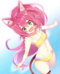  animal_ears armpits bikini cat_ears cat_tail commentary_request female flat_chest green_eyes gundam gundam_build_divers itsumi1021 long_hair momo_(gundam_build_divers) navel open_mouth outstretched_arms pink_hair ponytail smile solo swimsuit tail very_long_hair yashiro_momoka yellow_bikini 