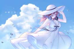  arm_up bad_id bad_pixiv_id bare_arms bare_shoulders black_ribbon blue_eyes blush breasts cleavage closed_mouth cloud cloudy_sky commentary_request cowboy_shot dated day dress female frilled_dress frills go-toubun_no_hanayome hair_between_eyes hand_on_headwear hat headphones headphones_around_neck highres large_breasts long_hair looking_away looking_down nakano_miku oninaart outdoors purple_hair ribbon sky sleeveless sleeveless_dress smile solo sun_hat water_drop white_dress white_hat 