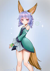  animal_ears braid dog_ears dog_tail dress elin_(tera) fingerless_gloves gloves green_dress green_gloves grey_background hair_intakes hands_together highres kumehara_chiyota long_hair looking_at_viewer purple_eyes purple_hair short_dress simple_background solo tail tera_online thighs twin_braids twintails 