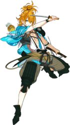  1boy arai_teruko full_body green_eyes grin japanese_clothes kamekichi male_focus official_art orange_hair smile sword touken_ranbu transparent_background turtle urashima_kotetsu wakizashi weapon 