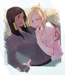  2girls aqua_eyes arm_around_shoulder black_hair blonde_hair blue_eyes braid breasts brown_eyes brown_lips brown_nails buttons casual cleavage collarbone commentary_request dark-skinned_female dark_skin eye_of_horus facial_mark facial_tattoo fingernails hair_tubes hand_in_pocket hand_to_own_mouth hebi_utage jewelry lips lipstick long_sleeves looking_at_another looking_at_viewer makeup medium_breasts mercy_(overwatch) multiple_girls nail_polish necklace overwatch overwatch_1 pants parted_bangs parted_lips pharah_(overwatch) pink_lips ponytail red_nails shirt side_braids sidelocks small_breasts tattoo white_shirt yuri 