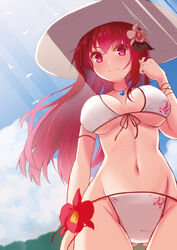  ass_visible_through_thighs bikini breasts cattleya_(flower_knight_girl) closed_mouth cloud commentary_request day female flower flower_knight_girl front-tie_bikini_top front-tie_top furrowed_brow hair_flower hair_ornament hat jewelry kusumoto_miya large_breasts long_hair looking_at_viewer navel necklace outdoors red_eyes red_hair sky solo summer sun_hat swimsuit white_bikini white_hat 