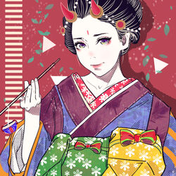  bad_id bad_pixiv_id black_hair clothing_request female gradient_eyes green_eyes halftone horns leaf lips looking_at_viewer mouba_(onmyoji) multicolored_eyes onmyoji photoshop_(medium) purple_eyes qizhu smile solo triangle 