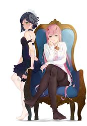  2girls alternate_costume aqua_eyes backless_outfit bad_id bad_pixiv_id bare_shoulders black_dress black_hair black_pantyhose breasts chair choker collared_shirt crossed_legs darling_in_the_franxx dress frilled_dress frills green_eyes hair_net hairband head_rest highres horns ichigo_(darling_in_the_franxx) kasugano_(11955672) long_hair long_sleeves looking_at_viewer medium_breasts multiple_girls no_shoes pantyhose pink_hair pink_shirt shirt short_hair simple_background sitting standing thigh_strap white_background white_shirt zero_two_(darling_in_the_franxx) 