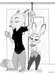  anthro avoid_posting book canid canine cellphone disney duo electronics female fox frava8 fur graphite_(artwork) hi_res judy_hopps lagomorph leporid male mammal monochrome nick_wilde pencil_(artwork) phone rabbit reading rem289 simple_background subway traditional_media_(artwork) zootopia 