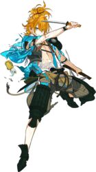  1boy arai_teruko clenched_teeth full_body green_eyes japanese_clothes kamekichi male_focus official_art orange_hair sword teeth torn_clothes touken_ranbu transparent_background turtle urashima_kotetsu wakizashi weapon 