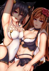  2girls armpits arms_up asymmetrical_docking bare_arms bare_shoulders bikini bikini_skirt black_background black_bikini black_hair blush breast_press breasts brown_hair casual_one-piece_swimsuit cleavage commentary_request covered_navel cowboy_shot cross-laced_slit cutout_above_navel dark_angel_olivia erune flower granblue_fantasy hair_between_eyes hair_flower hair_ornament hexelica hibiscus highres ilsa_(granblue_fantasy) large_breasts long_hair looking_at_viewer multiple_girls navel olivia_(summer)_(granblue_fantasy) one-piece_swimsuit open_mouth purple_eyes shiny_skin showgirl_skirt sideless_outfit signature simple_background swimsuit v-shaped_eyebrows very_long_hair white_one-piece_swimsuit 