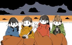  4girls black_gloves black_hair blanket blue_coat blunt_bangs brown_hair cloud coat commentary_request gloves green_coat instrument kobuchizawa_shirase long_hair long_sleeves miyake_hinata multiple_girls no_nose red_coat shiraishi_yuzuki sora_yori_mo_tooi_basho tamaki_mari tameikirakuda yellow_coat 