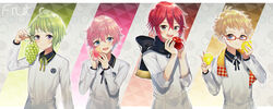  4boys :3 :d abandon_ranka akita_toushirou apple blonde_hair blue_eyes commentary_request english_text food fruit glasses grapes green_eyes green_hair hakata_toushirou highres lemon male_focus mouri_toushirou multiple_boys open_mouth peach pink_hair purple_eyes red-framed_eyewear red_hair scarf shinano_toushirou smile touken_ranbu 