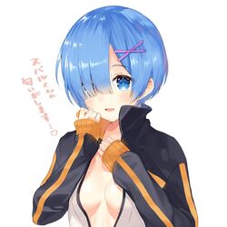  blue_eyes blue_hair breasts commentary_request cosplay female hair_ornament hair_over_one_eye heart jacket long_sleeves looking_at_viewer medium_breasts naked_jacket natsuki_subaru natsuki_subaru_(cosplay) necomi no_bra open_clothes open_jacket open_mouth re:zero_kara_hajimeru_isekai_seikatsu rem_(re:zero) short_hair simple_background smile solo track_jacket translated upper_body white_background x_hair_ornament 