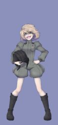  black_footwear blonde_hair blue_background blue_eyes boots commentary_request female full_body girls_und_panzer hand_on_own_hip helmet highres holding holding_helmet katyusha_(girls_und_panzer) long_sleeves looking_at_viewer military military_uniform mityubi oerba_yun_fang open_mouth pravda_military_uniform puffy_pants short_hair short_jumpsuit simple_background smile solo standing tank_helmet uniform wind 