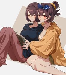  2girls alternate_costume bad_id bad_pixiv_id bespectacled blush book breasts brown_hair cleavage closed_mouth glasses hair_ornament hair_scrunchie hairband highres holding holding_book hood hoodie hyuuga_(kancolle) ise_(kancolle) kantai_collection kazeshio long_sleeves multiple_girls pajamas pants parted_lips polka_dot polka_dot_background polka_dot_hairband ponytail red_eyes scrunchie short_hair simple_background sitting skirt 