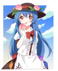  black_hat blue_hair blue_sky blush border bow bowtie breasts brown_skirt cloud cloudy_sky collared_shirt female food fruit gradient_sky hair_between_eyes hand_up hat highres hinanawi_tenshi leaf long_hair looking_to_the_side medium_breasts namori_(style) open_mouth peach puffy_short_sleeves puffy_sleeves rainbow red_bow red_bowtie red_eyes sasaki_sakiko shirt short_sleeves skirt sky smile solo standing touhou white_border white_shirt yellow_sky 