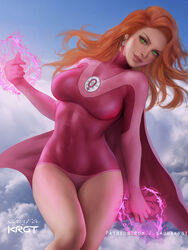  above_clouds atom_eve breasts cape cloud commentary cowboy_shot english_commentary feet_out_of_frame female flying green_eyes grin invincible_(series) leotard long_hair looking_at_viewer medium_breasts orange_hair patreon_username pink_cape pink_leotard realistic samantha_eve_wilkins shurakrgt skin_tight sky smile solo superhero_costume thighs venus_symbol 