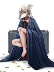  an-94_(girls&#039;_frontline) an-94_(silent_rouge)_(girls&#039;_frontline) aqua_eyes artist_name black_dress black_footwear blonde_hair blue_cape breasts bullet cape closed_mouth collarbone cozie178 dress drill_hair drill_ponytail earrings female full_body girls&#039;_frontline high_heels highres jewelry legs long_hair looking_at_viewer official_alternate_costume ponytail shell_casing sitting small_breasts solo weapon_case white_background 