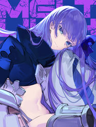  black_jacket blue_eyes character_name closed_mouth commentary cropped_jacket fate/extra fate/extra_ccc fate_(series) female flprayer hair_ribbon highres jacket long_hair looking_at_viewer meltryllis_(fate) navel purple_eyes purple_hair purple_ribbon ribbon sleeves_past_fingers sleeves_past_wrists smile solo stomach very_long_hair 