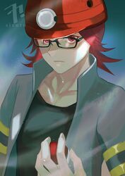  1boy absurdres artist_name bangs black-framed_eyewear black_shirt closed_mouth commentary_request glasses grey_jacket hand_up helmet highres holding holding_poke_ball jacket looking_at_viewer male_focus orange_headwear poke_ball poke_ball_(basic) pokemon pokemon_(game) pokemon_dppt red_eyes red_hair roark_(pokemon) shirt sizuru_(garasuame0206) solo upper_body watermark 