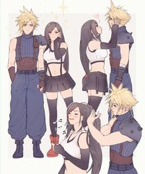  1boy armor black_hair black_skirt black_thighhighs blonde_hair blue_eyes blush boots cloud_strife couple crop_top detached_sleeves female final_fantasy final_fantasy_vii final_fantasy_vii_remake gloves hands_on_another&#039;s_face highres holding_hands long_hair midriff music musical_note navel pudelmudel red_eyes red_footwear shoulder_armor singing skirt spiked_hair straight suspender_skirt suspenders sweater tank_top thighhighs tifa_lockhart turtleneck turtleneck_sweater zettai_ryouiki 