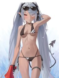  absurdres adjusting_hair arm_behind_head armpits bad_id bad_pixiv_id bikini black_bikini black_gloves blue_archive blush bow breasts choker cleavage commentary_request dark_skin demon_girl demon_tail eyes_visible_through_hair eyewear_on_head female gloves glow_(user_hnpv7785) hair_over_one_eye hair_ribbon hairbow highres holding holding_megaphone iori_(blue_archive) iori_(swimsuit)_(blue_archive) korean_commentary long_hair looking_at_viewer megaphone multi-strapped_bikini_bottom navel pointy_ears ribbon side-tie_bikini_bottom sidelocks simple_background smile solo stomach sunglasses swimsuit tail thigh_strap twintails white_background 